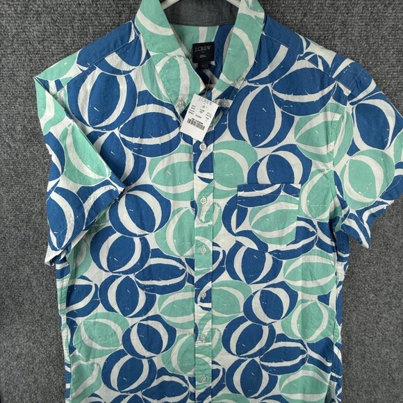 NWT J Crew Men Large Blue Geometric Beach Theme Short Sleeve Button Up Shirt - Picture 1 of 14